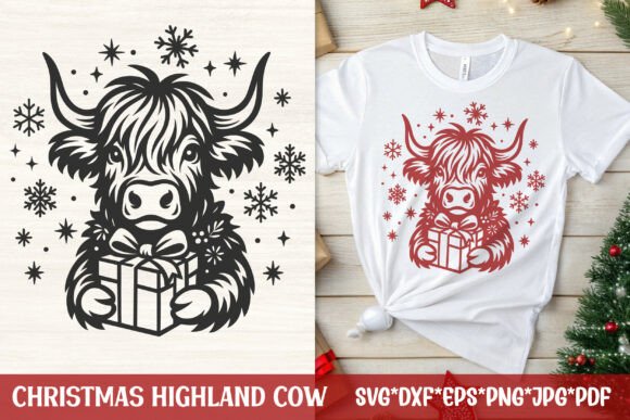 Download Christmas Highland Cow with Gift SVG - Gift Collection
